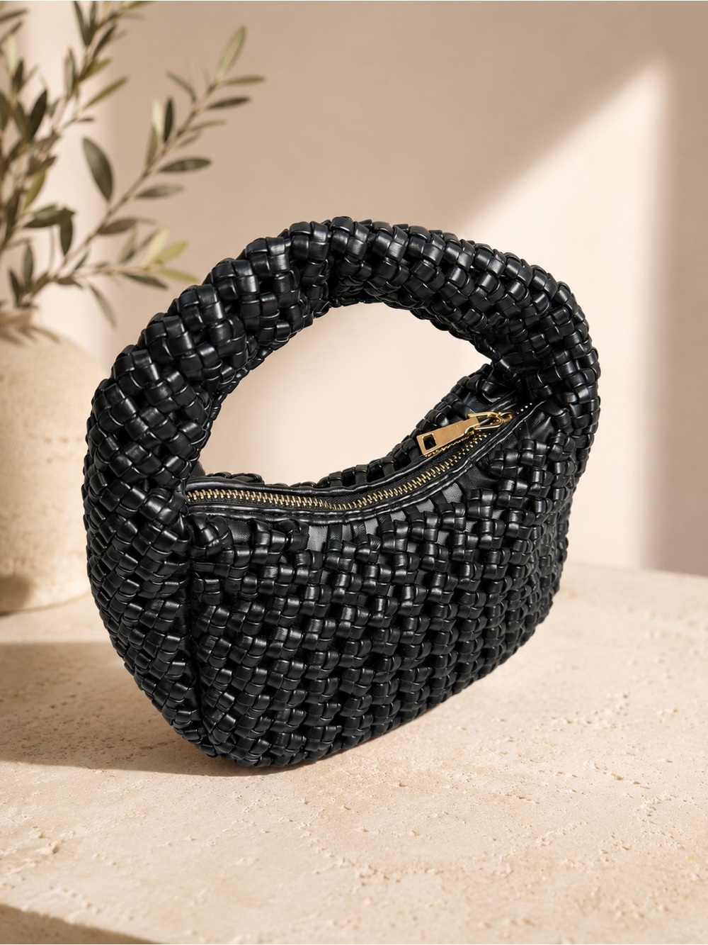 Antik Kraft Woven Mini Hobo Bag Black Vegan Leather Slouchy Top Handle